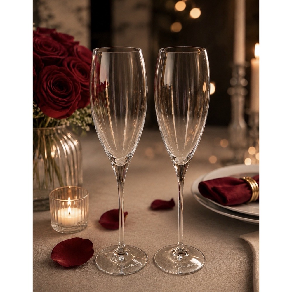 Dom Perignon Crystal Champagne Lot 2 Flutes Glasses France Signed-White Dot